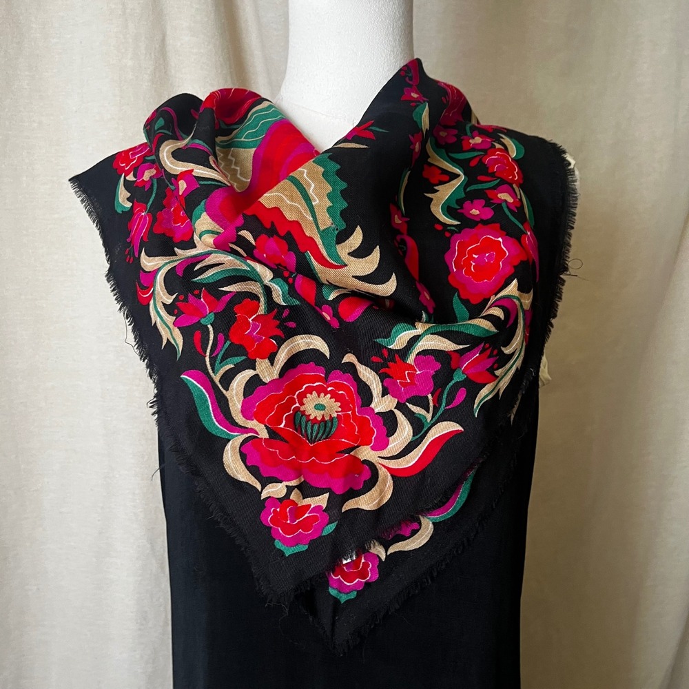 Vintage Vera All Wool Floral Scarf Made in Japan 29x29 Black Red Pink Green